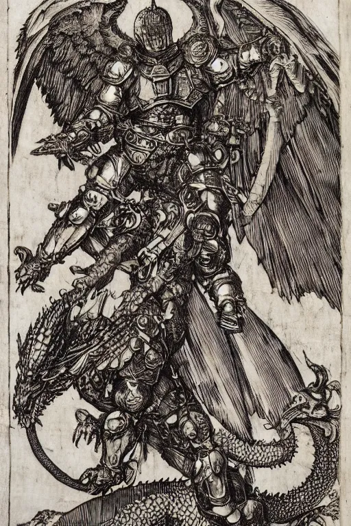 Prompt: A woodcut of an armored archangel who looks like henry cavill riding a dragon, glorious, by albrecht durer, HD, 4k, 8k, incredibly detailed, intricate, masterpiece,