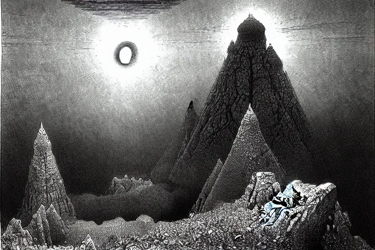 Image similar to magical art of a angelcore landscape by sidney sime gustave dore