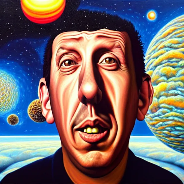 Image similar to an oil on canvas portrait painting of adam sandler, surrealism, surrealist, cosmic horror, rob gonsalves, high detail