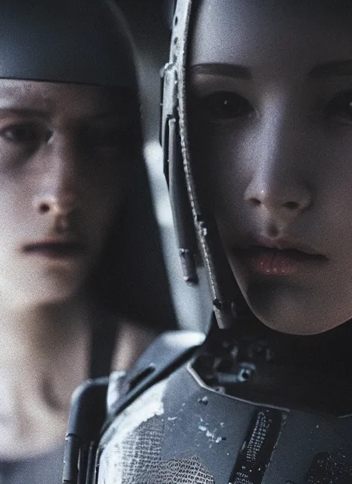 Image similar to cinestill 5 0 d photographic portrait of two loving female androids wearing rugged black mesh techwear in a desolate los angeles, extreme closeup, modern cyberpunk, dust storm, 8 k, hd, high resolution, 3 5 mm, f / 3 2, ultra realistic faces, ex machina