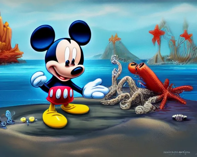 Prompt: Mickey mouse sitting next to terrifying sea creatures on a creepy beach, digital art, in the style of Frederic St-Arnaud, super detailed, artstation