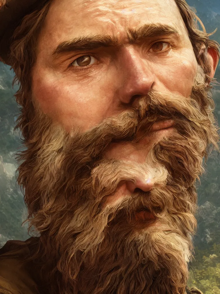 Image similar to close up portrait painting of a bearded hiker hearing a beany, ultra realistic, concept art, intricate details, serious, highly detailed, photorealistic, octane render, 8 k, unreal engine. art by artgerm and greg rutkowski and alphonse mucha