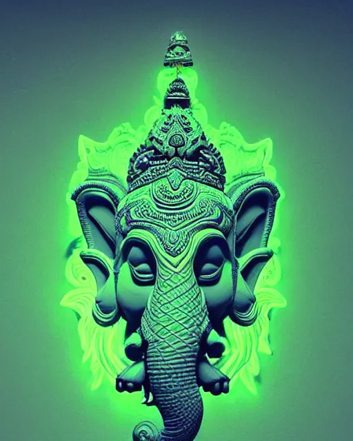 Image similar to 3 d ornate carved ganesha with profile portrait, sigma 5 0 0 mm f / 5. beautiful intricate highly detailed quetzalcoatl skull. neon green glow bioluminescent, plasma, lava, ice, creature, thunderstorm! artwork by tooth wu and wlop and beeple and greg rutkowski, 8 k trending on artstation