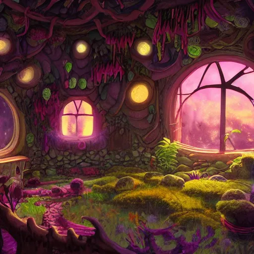 Prompt: concept art painting of a interior of a cozy alien fantasy cottage made of mushrooms and fungus, circular windows, with black vines and magenta houseplants, realistic, detailed, cel shaded, dark, in the style of makoto shinkai and greg rutkowski and james gurney