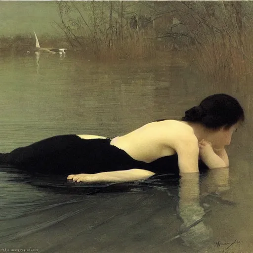 Prompt: black swans all mixed together in the dark waters. immersive perspective, interesting composition. concept art. highly detailed. by andrew wyeth, john dollman and william bouguereau-W 1024