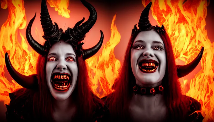 Image similar to portrait of a beatuiful sinister laughing woman with horns made of flames in gothic attire, horror, creepy vibe, looking into the camera, nightmare fuel, studio photography, studio lighting, realistic render, octane render, 4 k, 8 k, face in focus