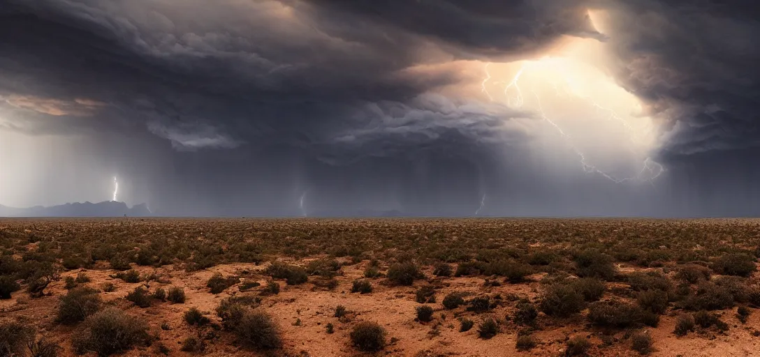 Image similar to a beautiful picture of a dark thundercloud looming on the horizon in a desert, intricate detail, impending doom, sunset, serene, volumetric lighting, volumetric clouds, 8 k, hyperrealistic, digital art trending on artstation