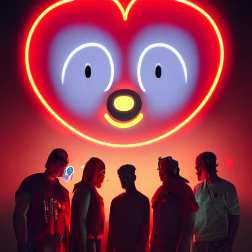 Prompt: a group of people standing around a giant bloody wounded mickey mouse with a netflix neon logo, cyberpunk art by david lachapelle, cgsociety, sots art, dystopian art, reimagined by industrial light and magic, dark concept art