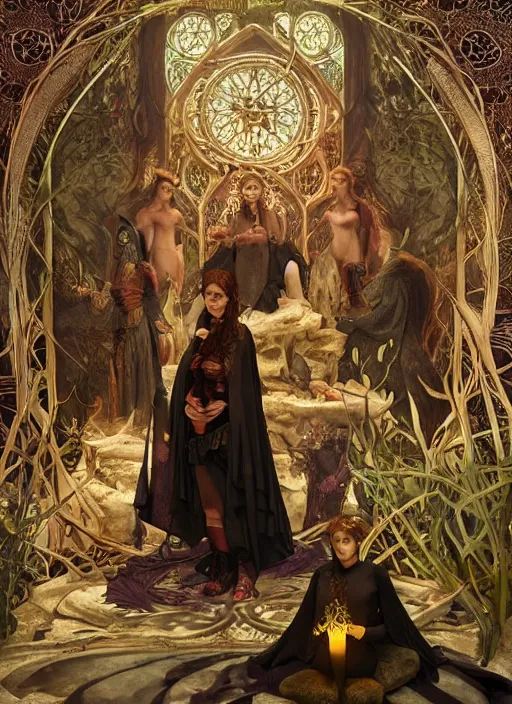 Prompt: mindcontrol inside covens den, intricate wiccan scene detailing, textless, masked wiccan photorealistic figures, hyperdetailed, photorealistic, diffuse lighting, hdrp, artstation, unreal 5, smooth, sharp focus, art by john collier, albert aublet, krenz cushart, artem demura, alphonse mucha