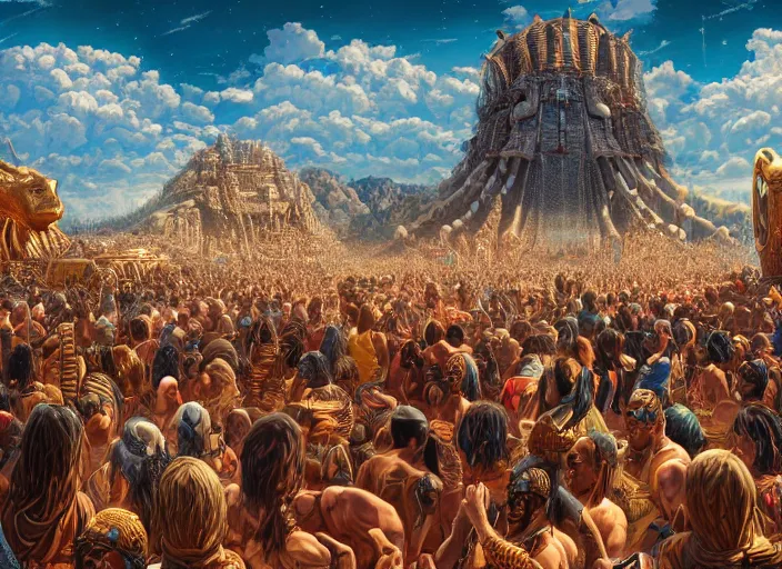 Prompt: a crowd of tribal men and women worshiping a giant golden calf, biblical, dramatic, insanely detailed, by dan mumford, yusuke murata, makoto shinkai, ross tran, intricate detail, cinematic, 8 k, featured on artstation, pixiv