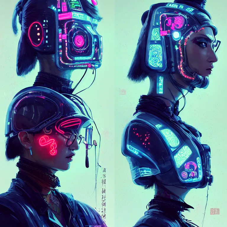 Image similar to etailed portrait virgul, neon operator, cyberpunk futuristic neon, reflective puffy coat, decorated with traditional chinese ornaments by ismail inceoglu dragan bibin hans thoma greg rutkowski alexandros pyromallis nekro rene maritte illustrated, perfect face, fine details, realistic shaded, fine - face, pretty face