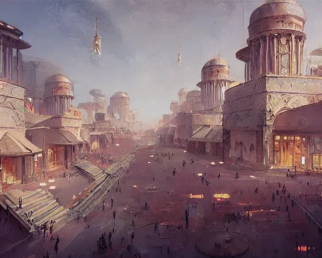 Image similar to a mall in the style of golden age persian empire, art by greg rutkowski and artgerma, stunning concept art, interior design architecture