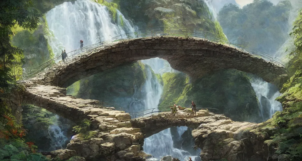 Prompt: A beautiful digital painting stone footbridge, waterfall, lovely valley by Stanley Artgerm Lau, frank frazetta, Rossdraws, James Jean, gerald brom, Andrei Riabovitchev, Marc Simonetti, and Sakimichan, trending on artstation