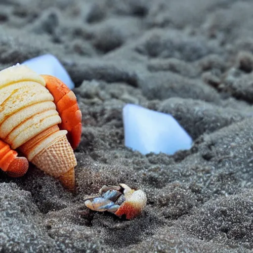 Image similar to donald trump, crying in a beach resort becase his ice cream cone fell on the sand. Hermit crabs surround the cone. Realistic, detailed, photorealistic.