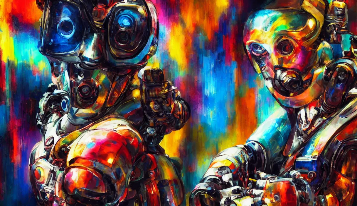 Image similar to colourful cinematic bust portrait of an artist robot painting an artwork on a canvas with a brush, paint and color, robotic enhancements, desaturated, oil on canvas, masterpiece, trending on artstation, featured on pixiv, cinematic composition, dramatic pose, beautiful lighting, sharp, details, hyper-detailed, HD, HDR, 4K, 8K