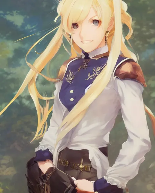 Prompt: a jrpg female protagonist with big round eyebrows and blonde hair by krenz cushart, violet evergarden, detailed, trending on artstation, pixiv