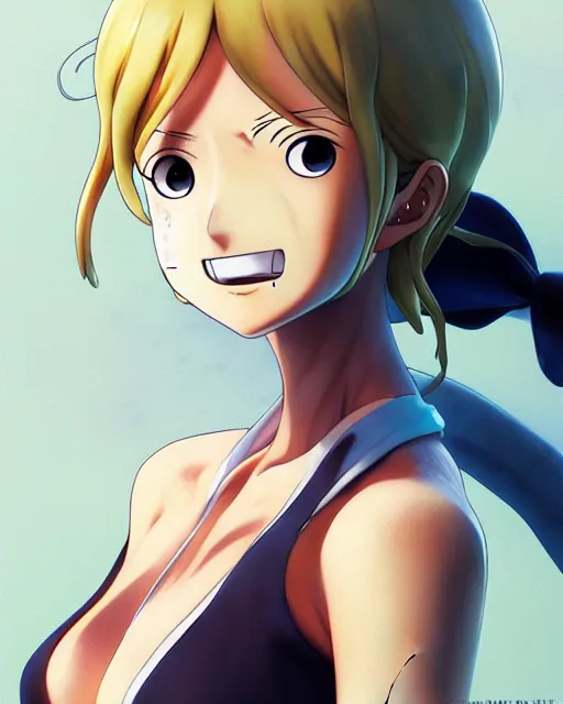 Image similar to nami from one piece, simple cream dress, detailed perfect face, mid view, by artgerm, by studio muti, greg rutkowski makoto shinkai takashi takeuchi studio ghibli