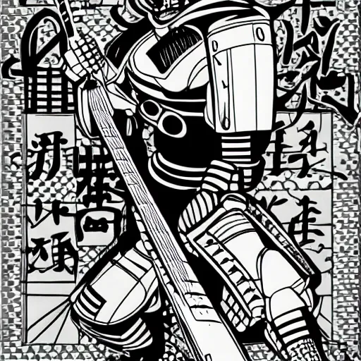 Prompt: samurai robot playing guitar. Anime. Detailed linework. chsociety