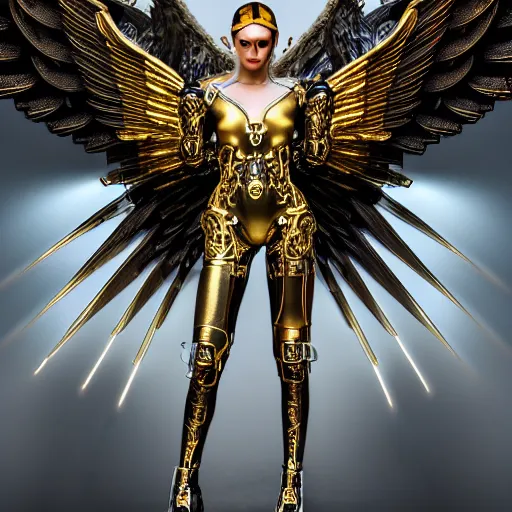 Image similar to female cyber angel, wings, ornate cyberpunk armor, ornate cyberpunk interior, ruins, cyberpunk cathedral, at ancinet Agora of Athens,Golden Light, Cathedral, 8K, trending on artstation, volumetric light, lightrays, smoke, cinematic, atmospheric, insanely detailed and intricate, hypermaximalist, elegant, ornate, luxury, elite, by James Jean, super detailed, face details trending on artbreeder, golden ratio