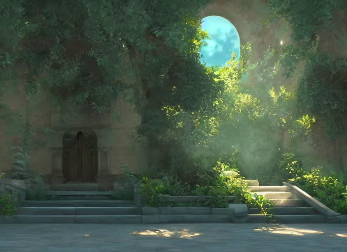 Image similar to oil painting of the entrance to ethereal realm, rendered in unreal engine, central composition