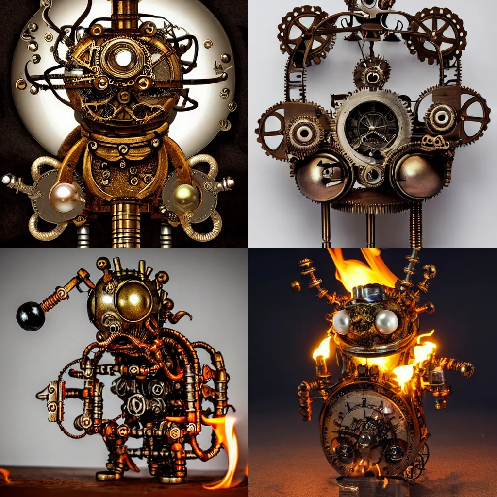 Prompt: intricate steampunk monster constructed by newton with screws and bolts and a pearl on fire with smoke, isolated on white background