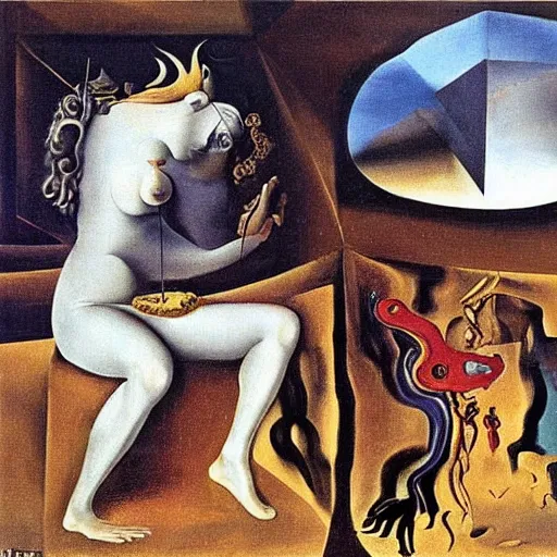 Image similar to The Allegory of Surrealism, cadavre exquis painting by Salvador Dali, André Breton, René Magritte, Max Ernst, Remedios Varo, Frida Kahlo