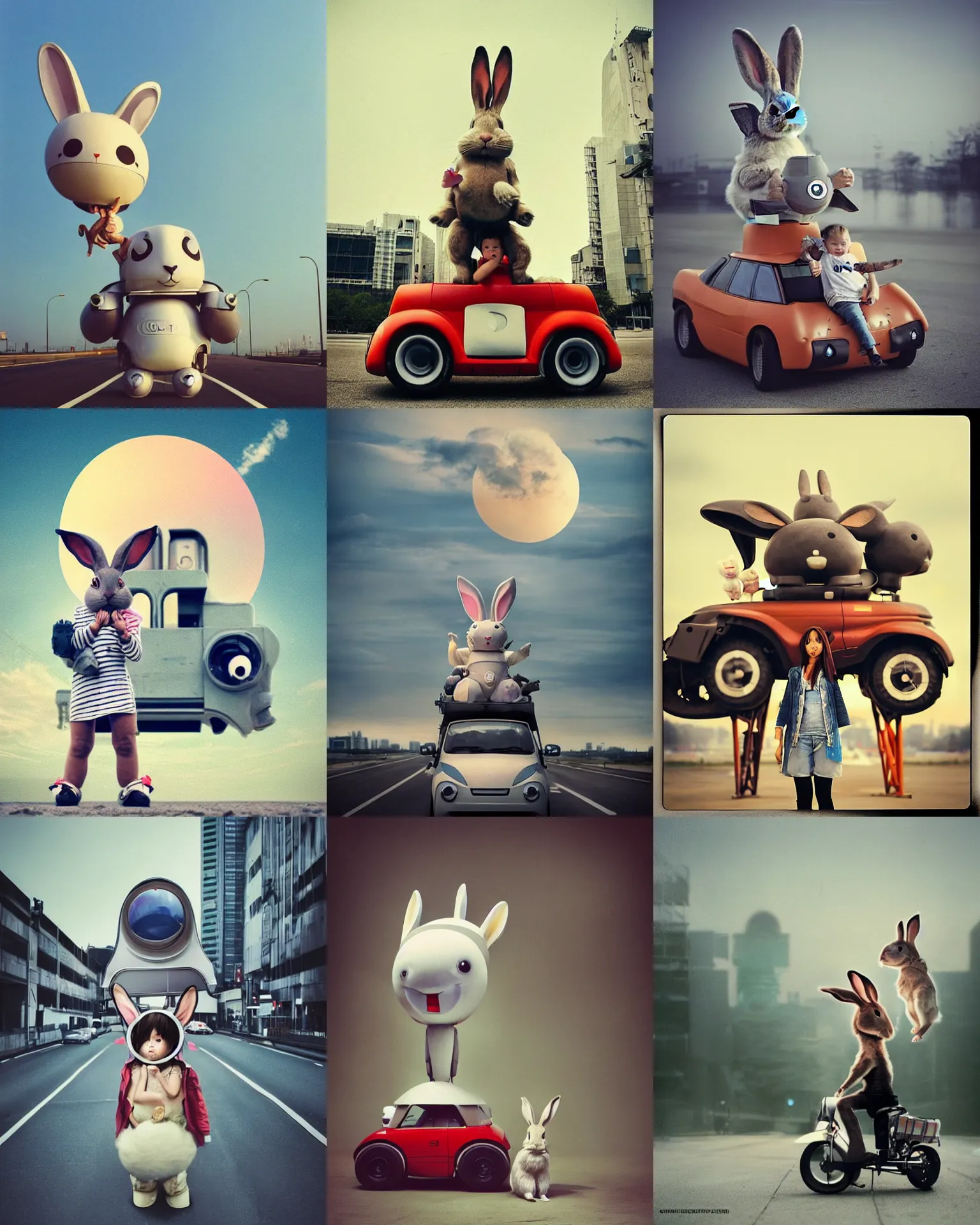 Prompt: epic pose!!! googly eyed giant oversized rocket battle rabbit robot chubby mech baby sport car double decker with giant oversized ears and rabbit babies , in tokio , full body , Cinematic focus, Polaroid photo, vintage , neutral dull colors, soft lights, foggy sunset , by oleg oprisco , by national archives, by discovery channel, by victor enrich , by gregory crewdson