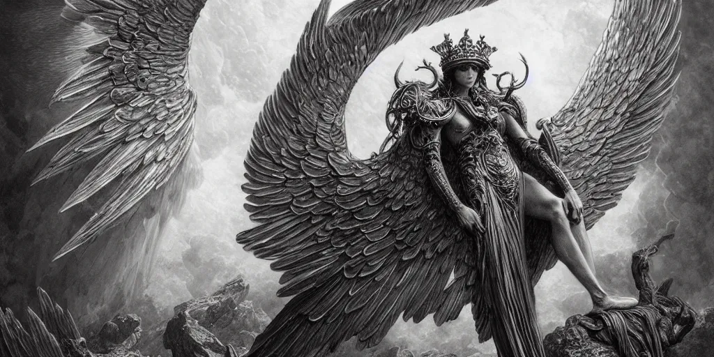 Image similar to immortal archangel wings, elegant beautiful white feathers, engraving, concept art, elden ring, illustration, smooth, sharp focus, by gustave dore and greg rutkowski, hyper realistic, ephemeral, fantasy art, in the style of midjourney, intricate, alphonse mucha, hyper detailed