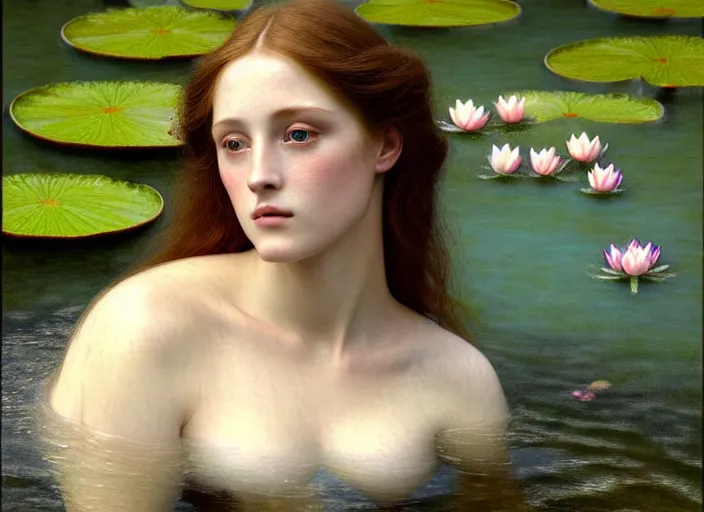 Image similar to Kodak Portra 400, 8K, soft light, volumetric lighting, highly detailed, britt marling style 3/4 ,portrait photo of a beautiful woman how pre-Raphaelites painter, the face emerges from the water of a pond with water lilies, in the pose of Ophelia Millais, a beautiful lace dress and hair are intricate with highly detailed realistic beautiful flowers , Realistic, Refined, Highly Detailed, natural outdoor soft pastel lighting colors scheme, outdoor fine art photography, Hyper realistic, photo realistic