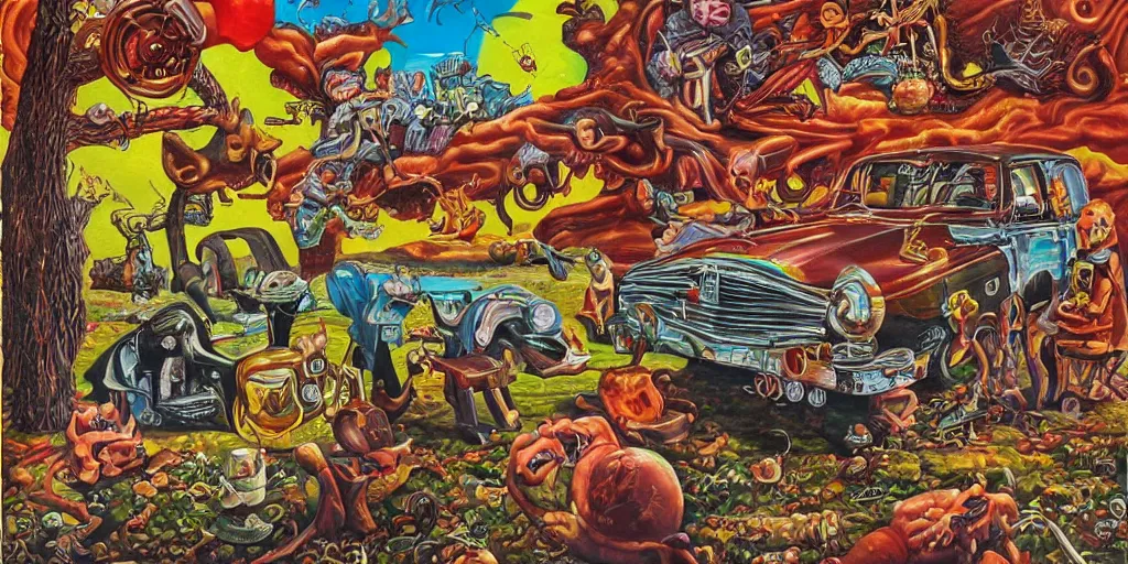 Image similar to refined oil painting lowbrow pop surreal masterpiece in the style of robert williams,