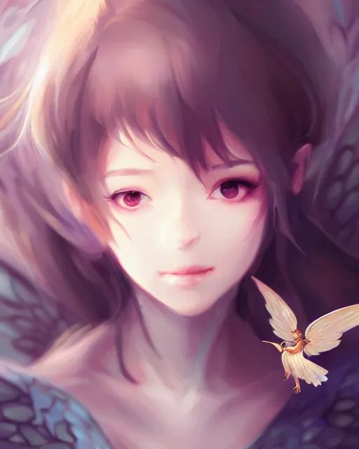 Image similar to 3 / 4 view of a portrait of cute girl with wings, confident pose, pixie, amber of genshin impact, intricate, elegant, sharp focus, illustration, highly detailed, concept art, matte, trending on pixiv, anime, art by wlop, strong fogs,