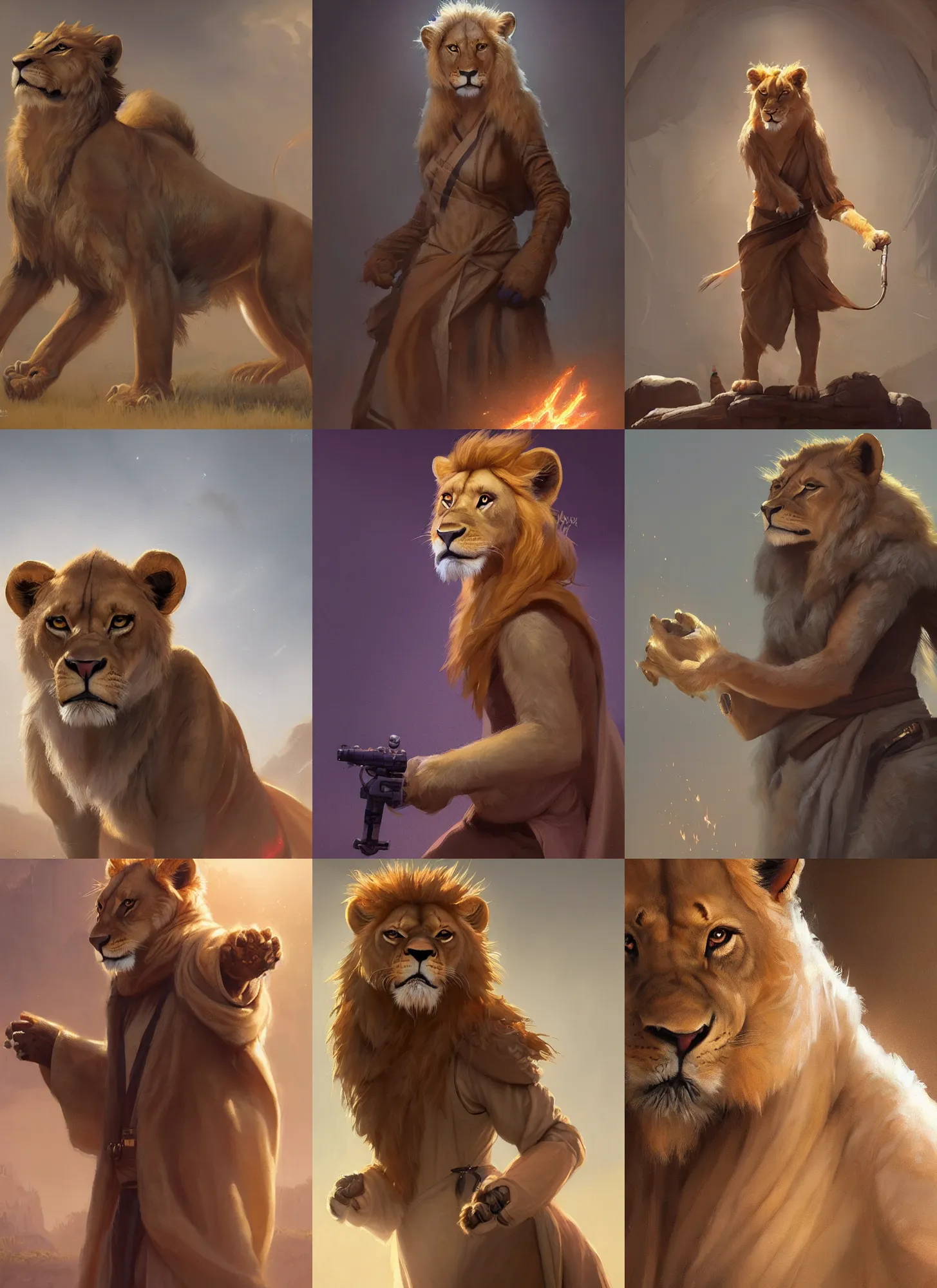 Prompt: a beautiful portrait of a female anthropomorphic lioness fursona wearing jedi robes, artstation, greg rutkowski, gregory manchess, greg hildebrandt, concept art, furry furaffinity, detailed, soft lighting, rendered in octane