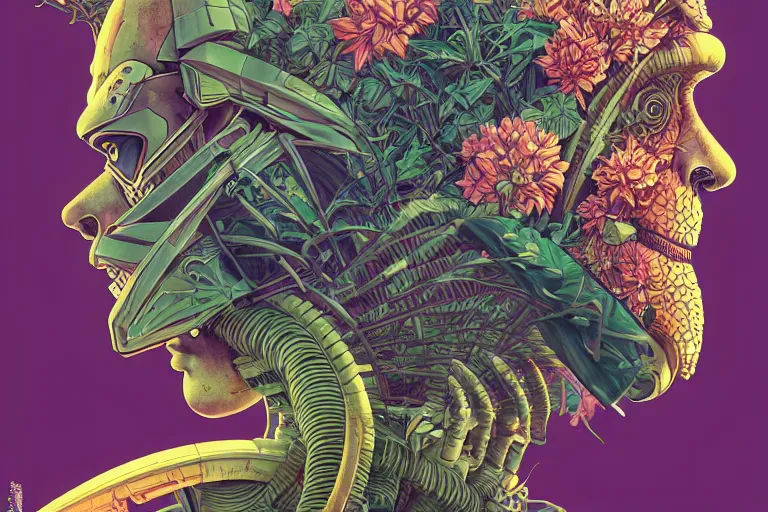 Image similar to gigantic mecha head, a lot of exotic vegetation, trees, flowers by moebius, dull colors, junji ito, tristan eaton, victo ngai, artgerm, rhads, ross draws, hyperrealism, intricate detailed, risograph