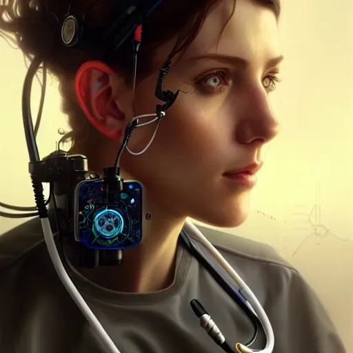 Image similar to portrait of medical paramedic cyborrg,wires,gadgets,cables,lenses,gears intricate, elegant, highly detailed, digital painting, artstation, concept art, smooth, sharp focus, illustration, art by artgerm and greg rutkowski and alphonse mucha