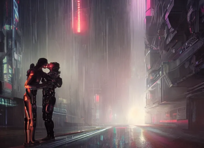 Image similar to ultra realistic medium shot of a couple of cyborgs kissing, lovers, cyberpunk, sci - fi, kodak, faces, colour led, soft light, volumetric lighting, fog, rays, night, rain, station, intricate detailed, digital painting, concept art, smooth, sharp focus, illustration, art by artgerm and greg rutkowski and alphonse mucha