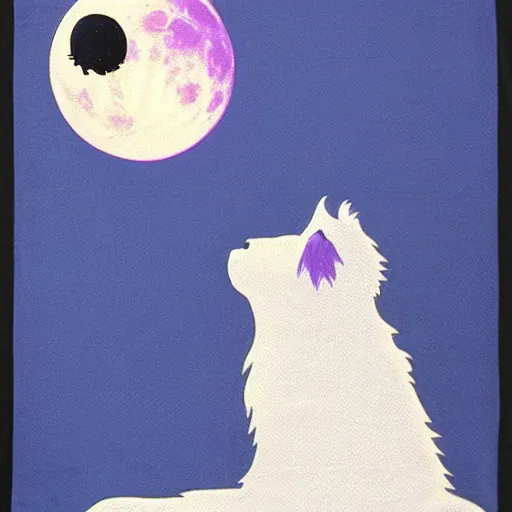 Image similar to 1980s tshirt art of a man's face and a white fluffy cat's face howling at the moon. shades of blue and violet. high quality high resolution award winning. sorrowful.