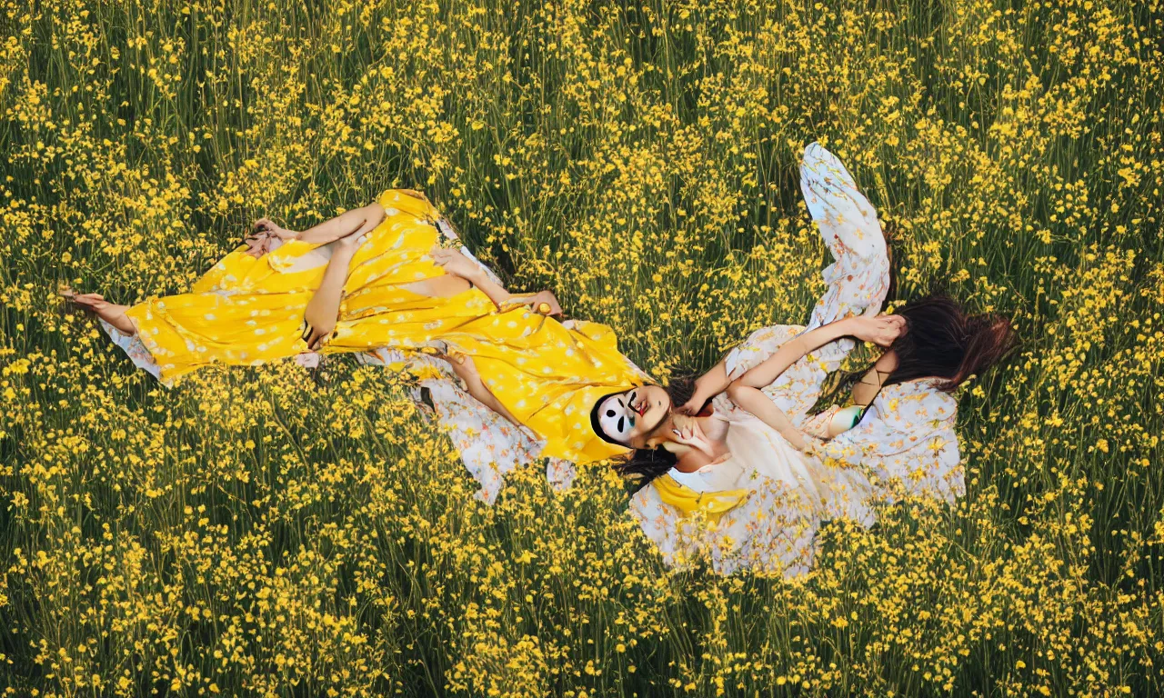 Prompt: a beautiful Asian woman lying in a field of wildflowers, wearing a yellow and white sun dress, close, dreamy