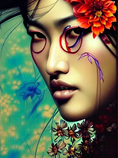 Prompt: a portrait of asian supermodel with a floral background by karol bak, artgerm, moebius, yoji shinkawa : : portrait, illustration, photorealism, hyperrealism, graffiti