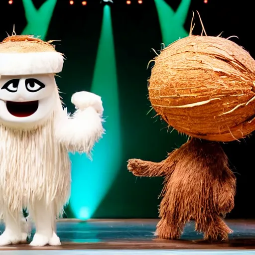 Prompt: anthropomorphic coconut walking on stage,