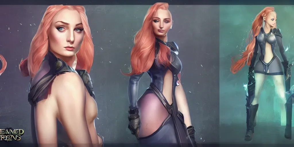 Prompt: character sheet of Sophie Turner as a character in the game League of Legends, with a background based on the game League of Legends, 3d render, octane render, iRay, ray tracing, realistic, highly detailed, trending on artstation, 4k, cgsociety, unreal engine 5, redshift render, blender cycles, behance, cg