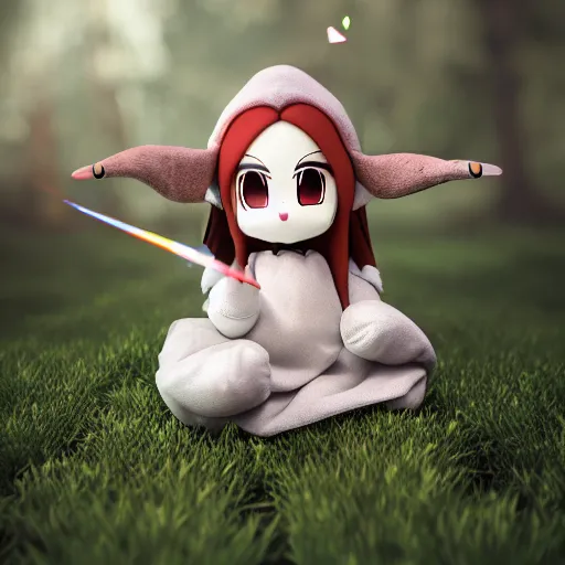 Image similar to cute fumo plush of a ram girl casting a summoning spell, witch, focus, horns, bokeh, vray