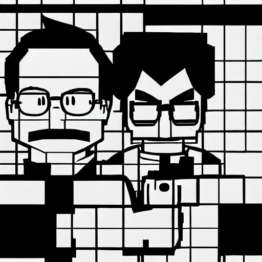 Prompt: photography of phoenix wright doing a selfie with walter white in minecraft, black and white, dark, clear