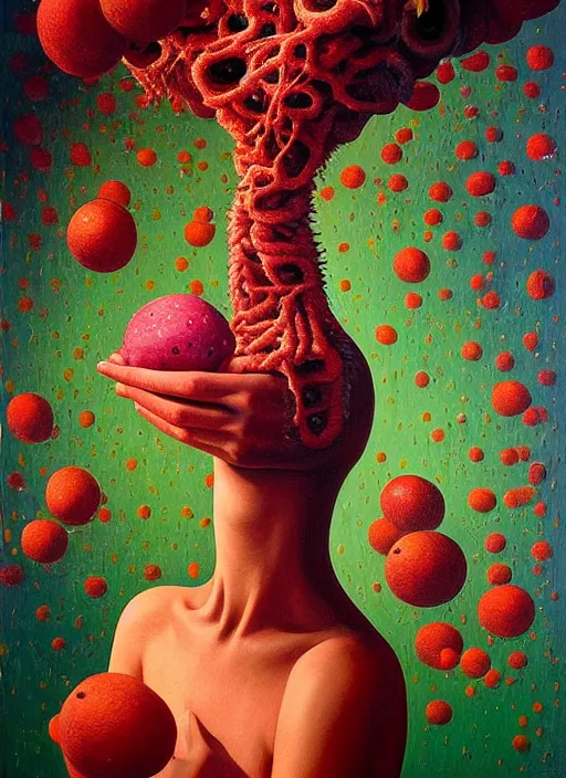 Prompt: hyper detailed Oil painting - Ramona Flowers Eats of the Strangling Fruit and Her gossamer polyp blossoms bring iridescent fungal flowers whose spores black the foolish stars by Jacek Yerka, Mariusz Lewandowski, Abstract brush strokes, Masterpiece, Edward Hopper and James Gilleard, Zdzislaw Beksinski, Mark Ryden, Wolfgang Lettl, hints of Yayoi Kasuma