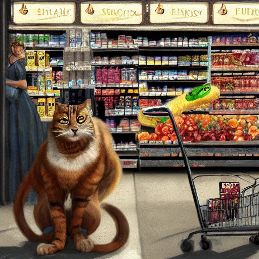 Prompt: digital painting of a super market grocery shopping elegant but deadly anthropomorphic cats with snake featured hybrid, by Greg Rutkowski, magic the gathering concept art, trending on artstation, 4k resolution, ((in a super market Costco))