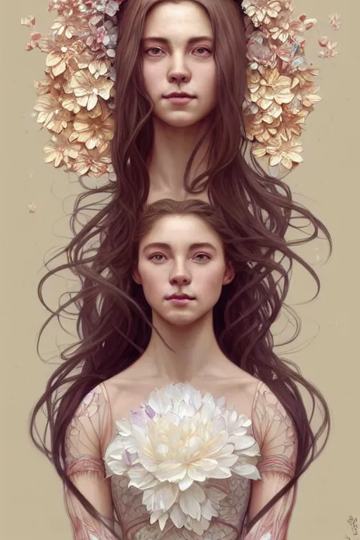 Image similar to symmetry!! full body portrait!!!! of a beautiful!!!! delicate elegant nordic shield maiden, pretty face!!!!, flower petals, intricate, elegant, highly detailed, digital painting, artstation, concept art, smooth, sharp focus, illustration, art by artgerm and greg rutkowski and alphonse mucha, 8 k