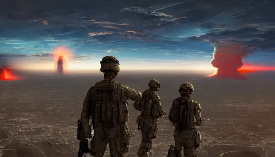 Prompt: back view of soldiers watching huge nuclear explosion in the horizon over washington dc, hyperdetailed, artstation, cgsociety, 8 k