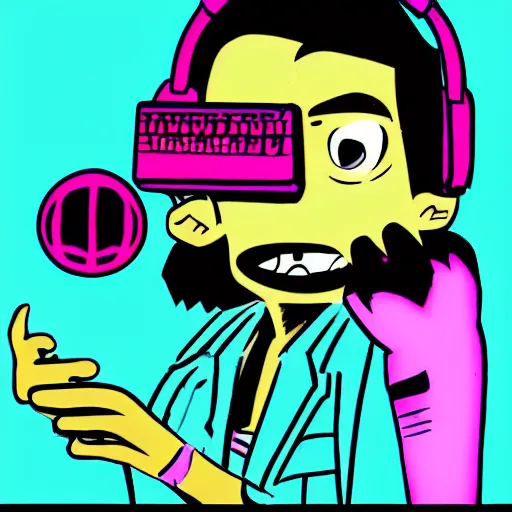 Prompt: a cartoon of a man holding a pink keyboard, cyberpunk art by Jamie Hewlett, tumblr contest winner, funk art, synthwave, retrowave, vaporwave