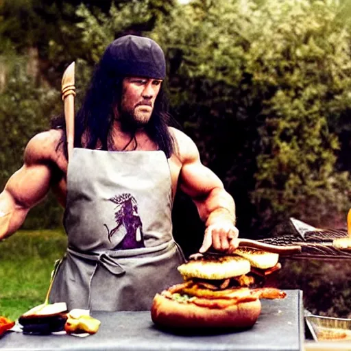 Prompt: candidato photo of conan the barbarian flipping burger on a barbecue. he is wearing an apron with unicorn drawing, and a tutu. photographed by annie leibovitz