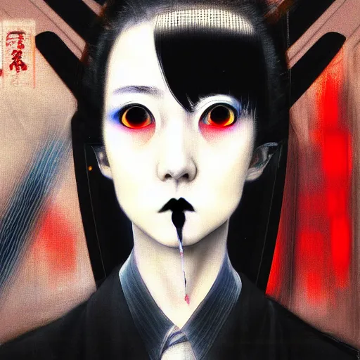 Image similar to yoshitaka amano blurred and dreamy realistic three quarter angle portrait of a young woman with black lipstick and black eyes wearing office suit, junji ito abstract patterns in the background, satoshi kon anime, noisy film grain effect, highly detailed, renaissance oil painting, weird portrait angle, blurred lost edges