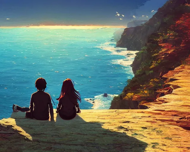 Image similar to a boy with brown hair and a girl with auburn hair sitting together on a cliff overlooking the ocean. Blue sea,, cliffside, sunset, atmospheric lighting, romantic, girl has long auburn hair. By Makoto Shinkai, Stanley Artgerm Lau, WLOP, Rossdraws, James Jean, Andrei Riabovitchev, Marc Simonetti, krenz cushart, Sakimichan, D&D trending on ArtStation, digital art.